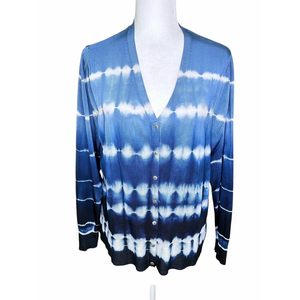 Chico's Blue Ombre Tie Dye Long Snap Down V-Neck Cardigan Rayon Blend